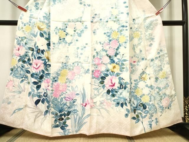 平和屋着物▽訪問着 単衣 刺繍 草花文 暈し染め 金銀彩