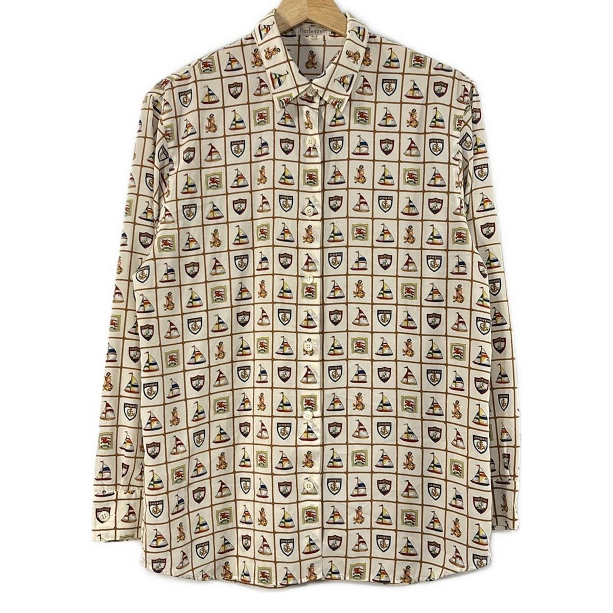 Burberry s バーバリーズ 長袖シャツブラウス サイズ9 M レディース - アイボリー×ブラウン×マルチ エンブレム柄