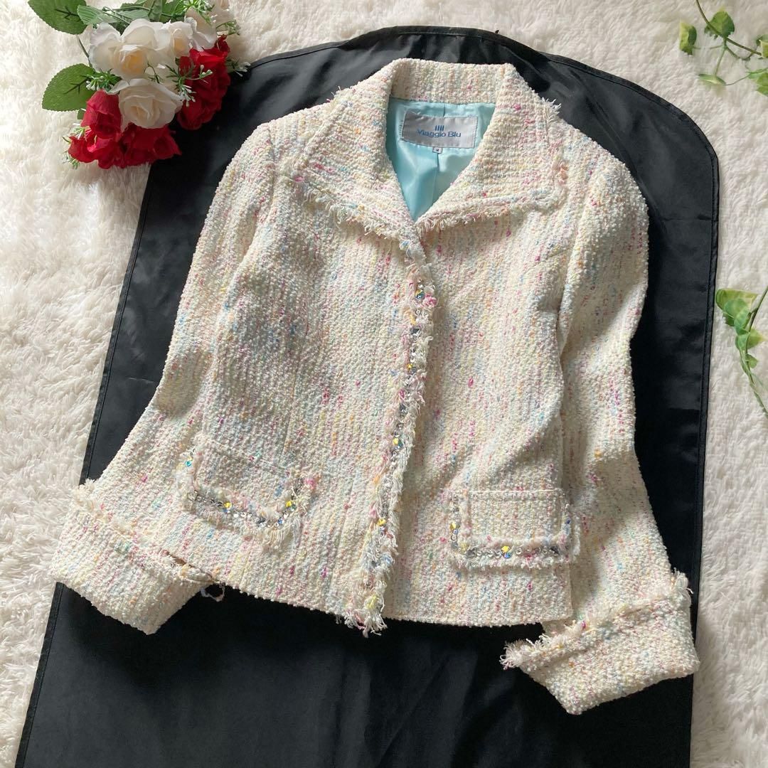 ビアッジョブルー ファンシーツイード ワンピーススーツ パステル ビジュー 白