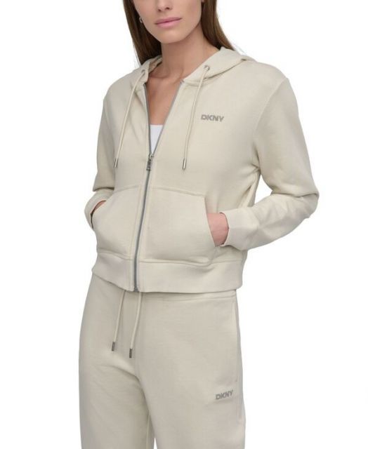 送料無料 ダナ キャラン ニューヨーク レディース パーカー スウェット アウター Women s Cotton-Blend Stud-Logo Full Zip Hoodie Light City Khaki