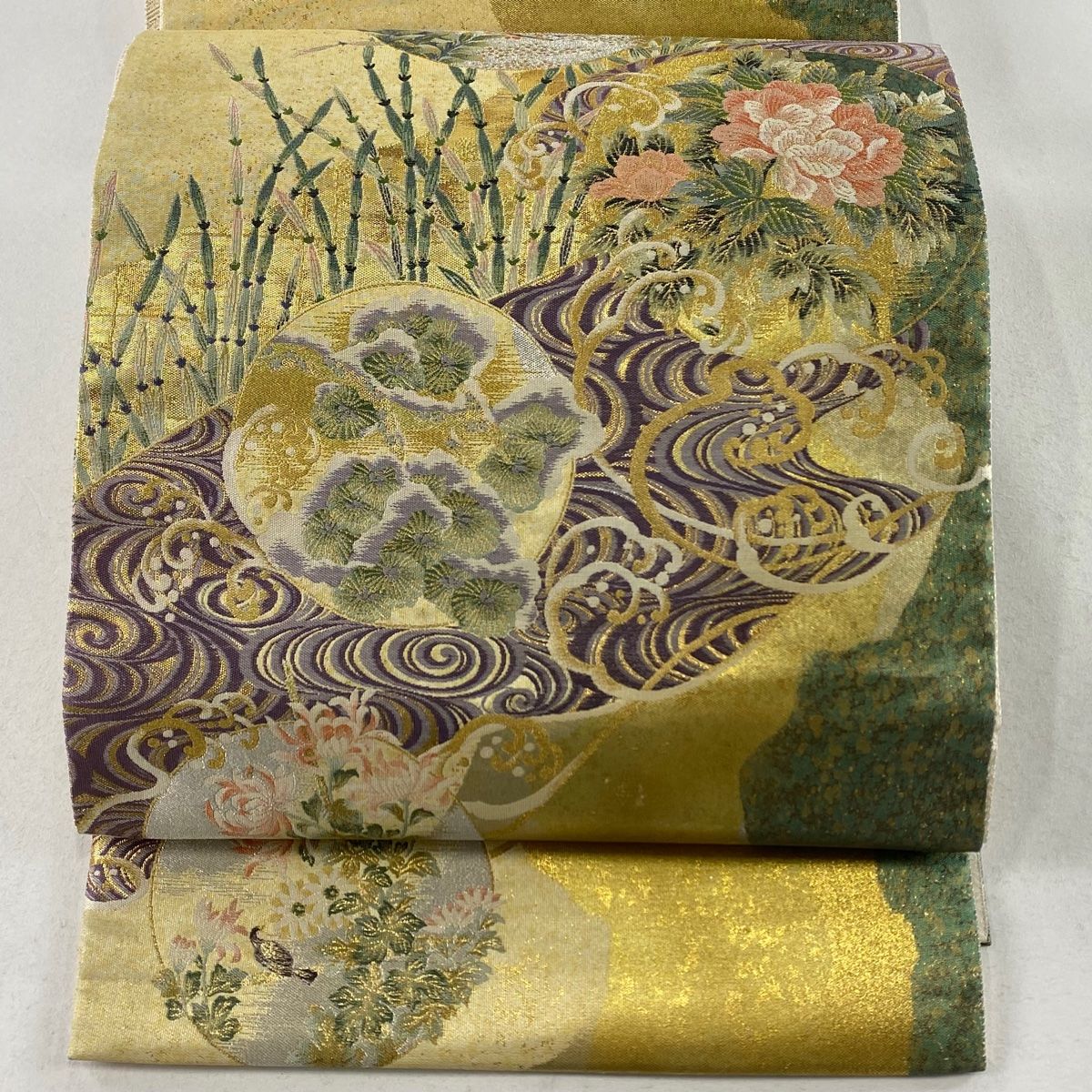 袋帯 美品 秀品 花鳥 流水 金銀糸 箔 ベージュ 六通 正絹 【中古