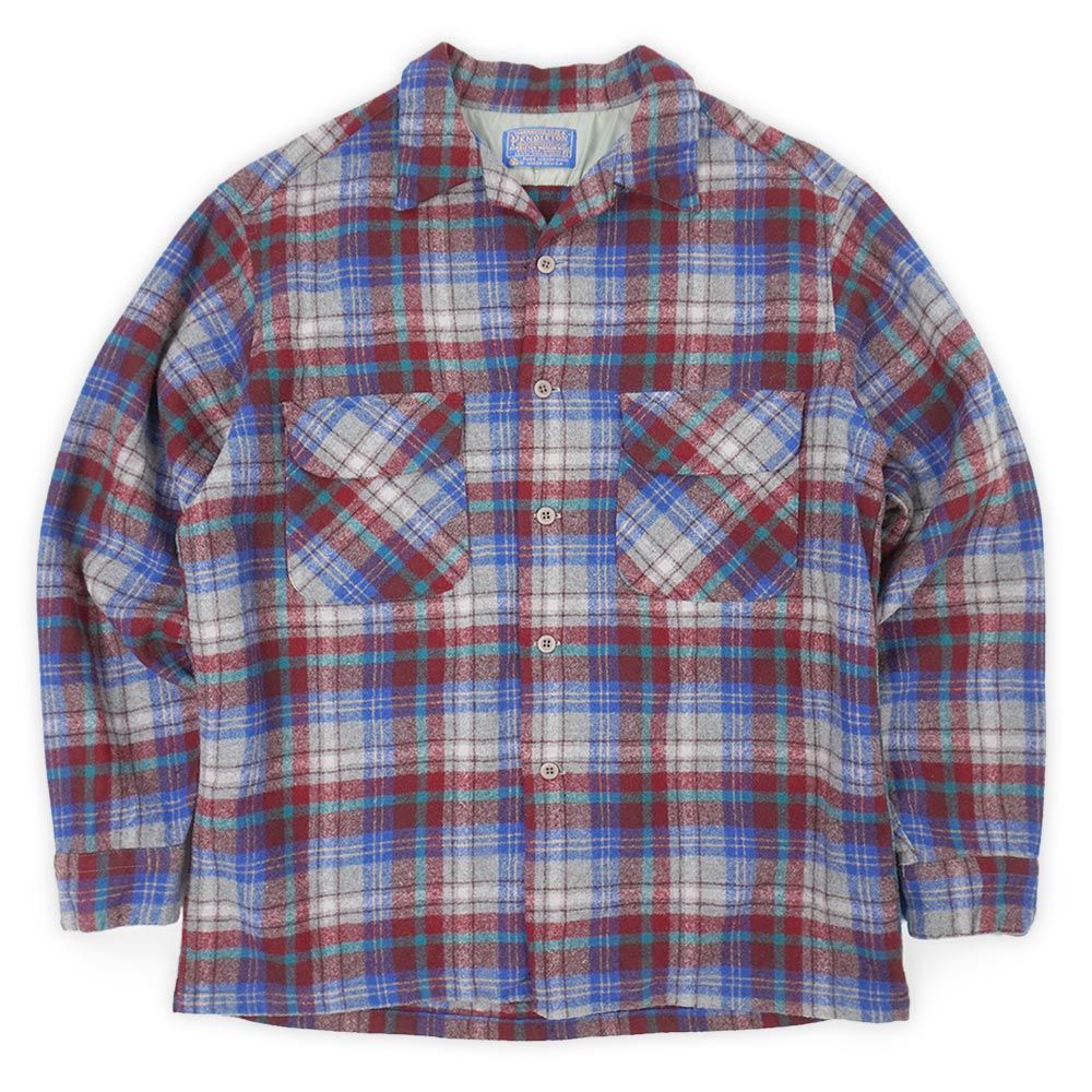 ペンドルトン PENDLETON 70s 70年代 オープンカラー ウールシャツ MADE IN USA アメリカ製 開襟 定番 ボードシャツ ヴィンテージ 古着 メンズ シャツ バーガンディー系 チェック柄 L【】