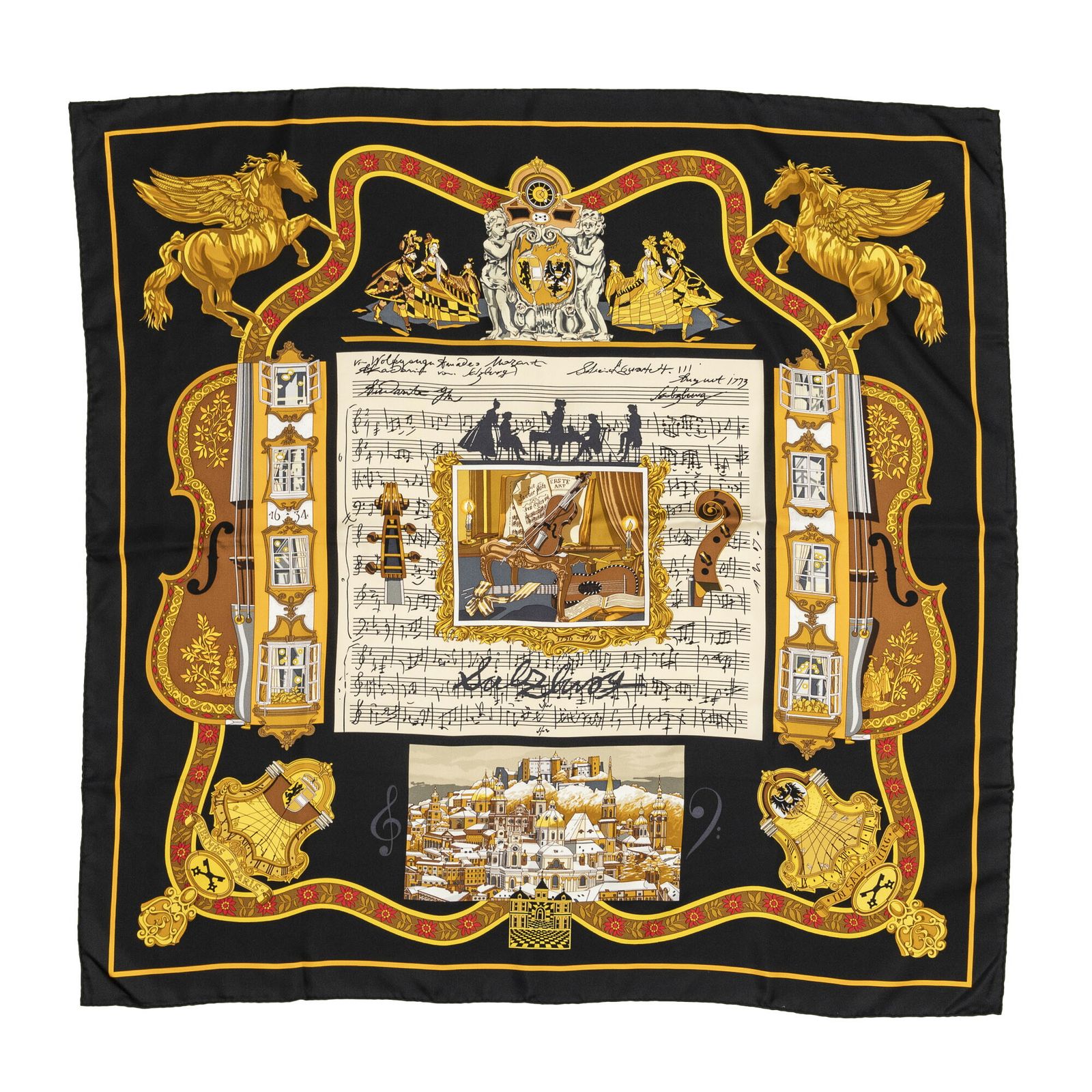 HERMES エルメススカーフ黒 オレンジ ツイルシルクA