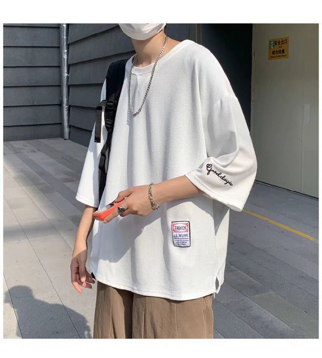 Tシャツ  メンズ 無地 袖刺繍 ルーズ ビッグシルエット 五分袖 トップス カジュアル ゆったり 半袖Tシャツ  無地 薄手 レイヤード 夏 夏服 ファッション fuhai30 thumbnail 6
