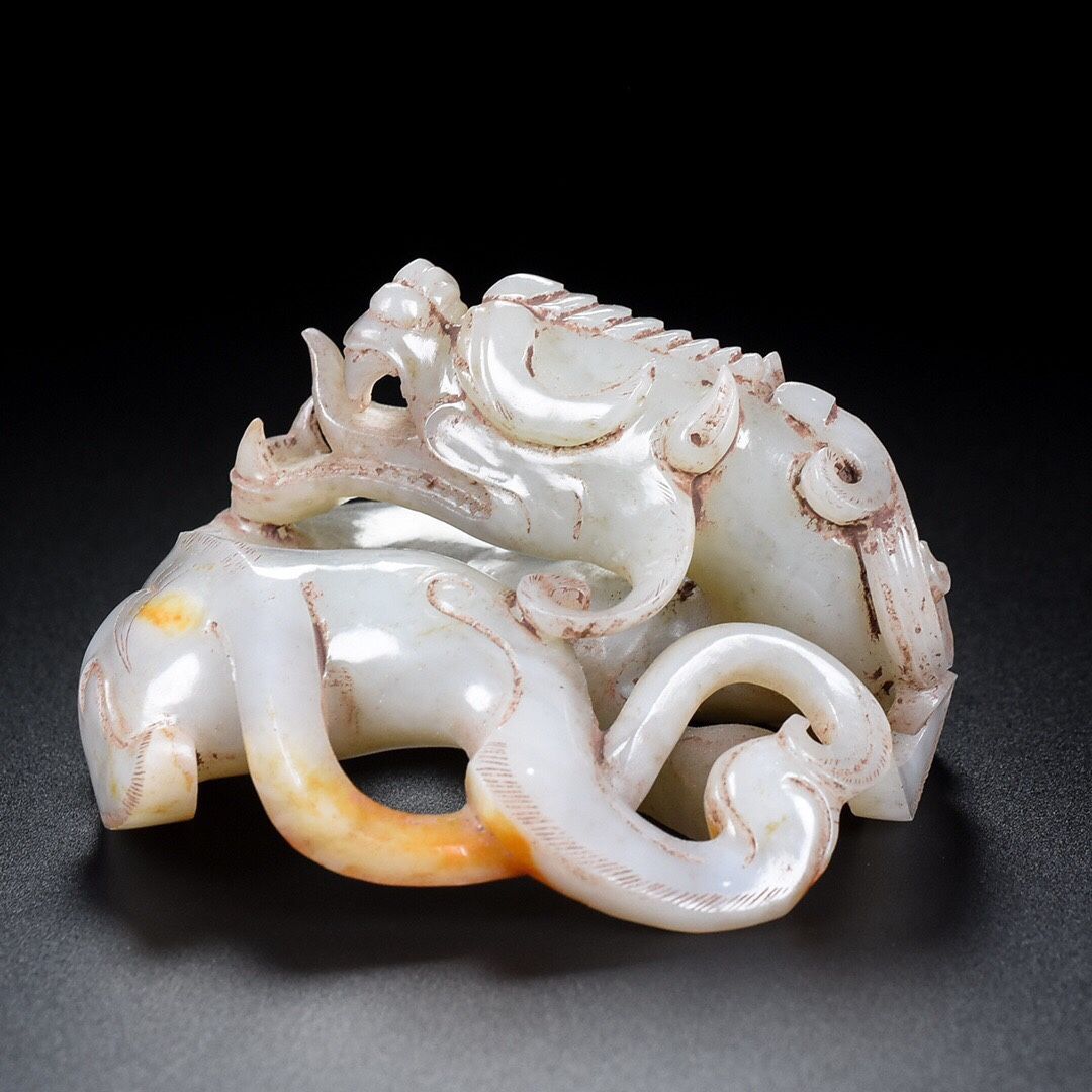 旧家蔵出し 和田玉細密彫 羊脂白玉 盤龍 造型精美 彫刻 根付 裝