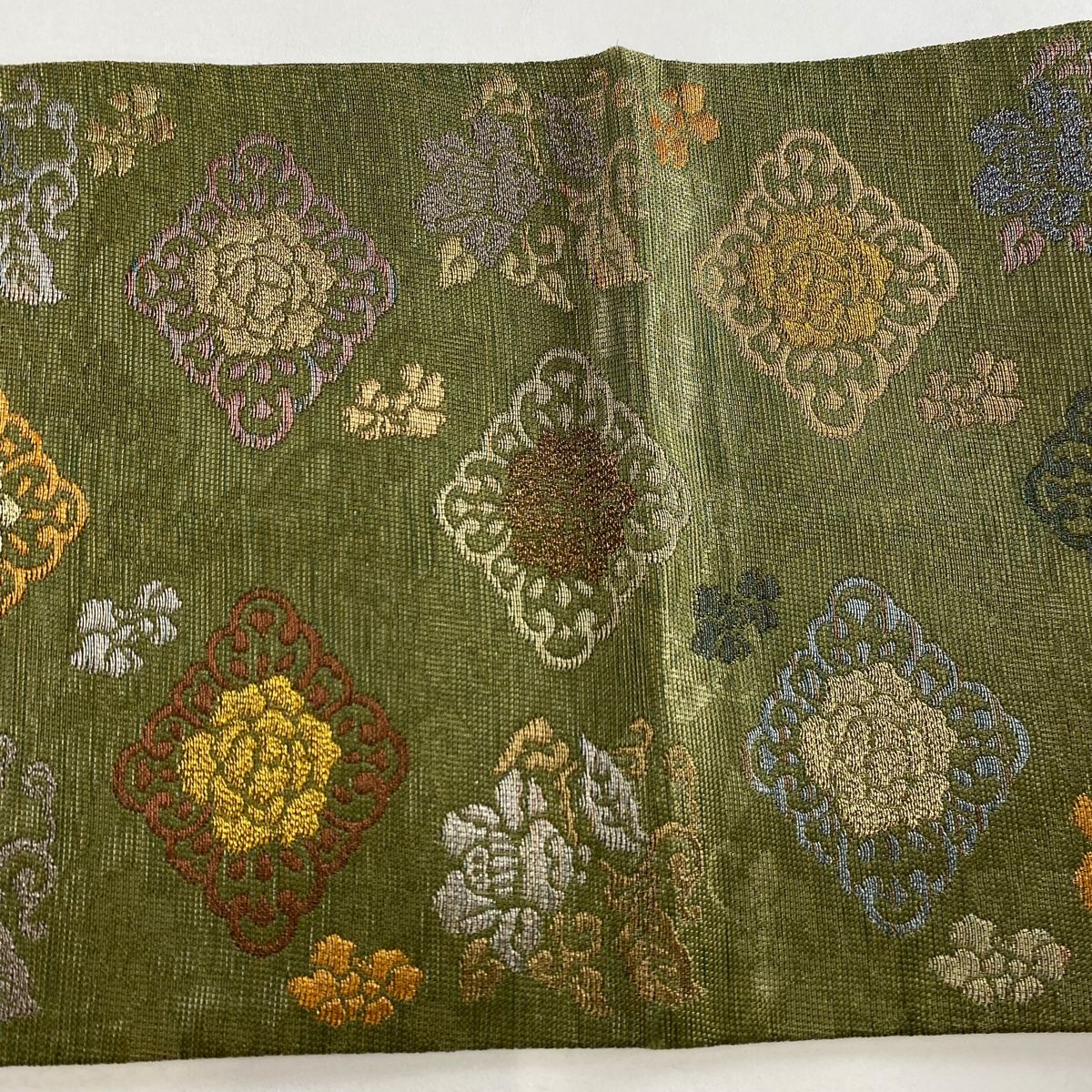 袋帯 美品 秀品 花唐草 菱 金銀糸 箔 よもぎ色 六通 正絹 【中古