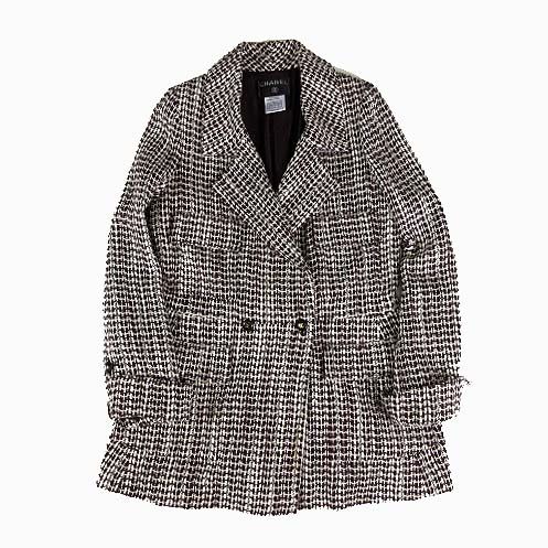 シャネル CHANEL 01A ツイード コート ダブル ジャケット ウール ココマーク ボタン L 44 ダークブラウン こげ茶色 ベージュ 黒 フランス製 P18117V10417