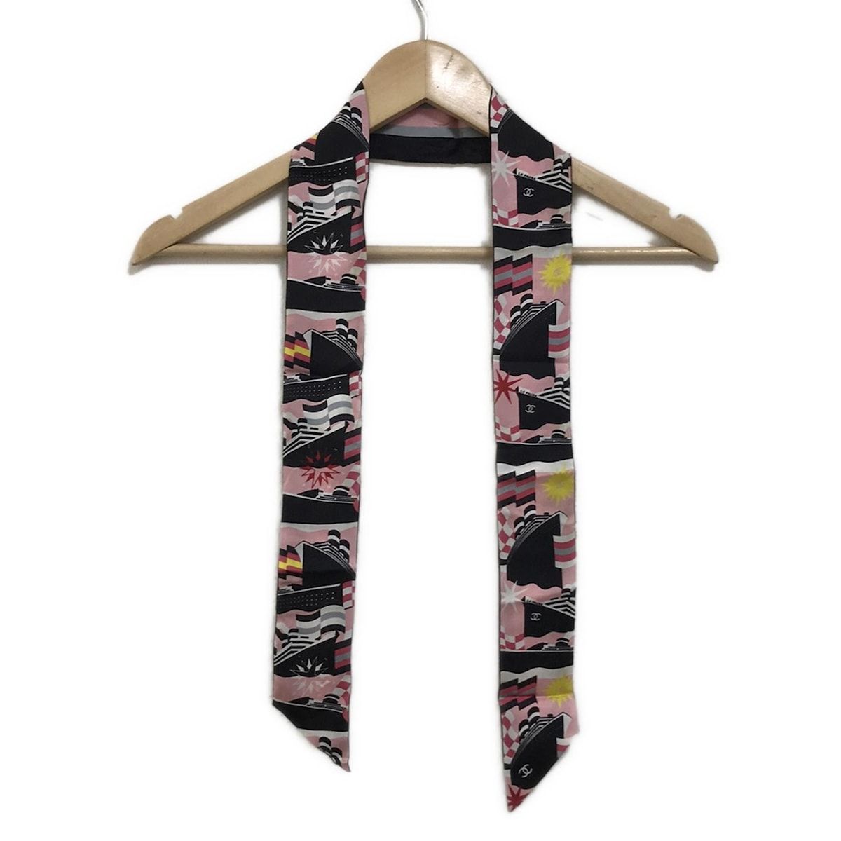 CHANEL(シャネル) スカーフ美品 - 黒×ライトピンク×マルチ リボン  