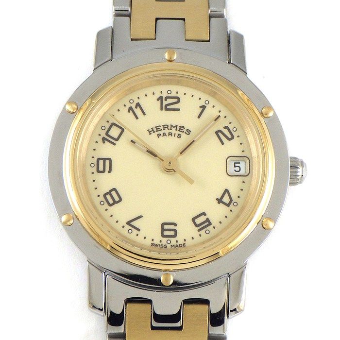 エルメス HERMES 腕時計 クリッパー CL4.220 デイト アイボリー文字盤 GP SS クオーツアナログ