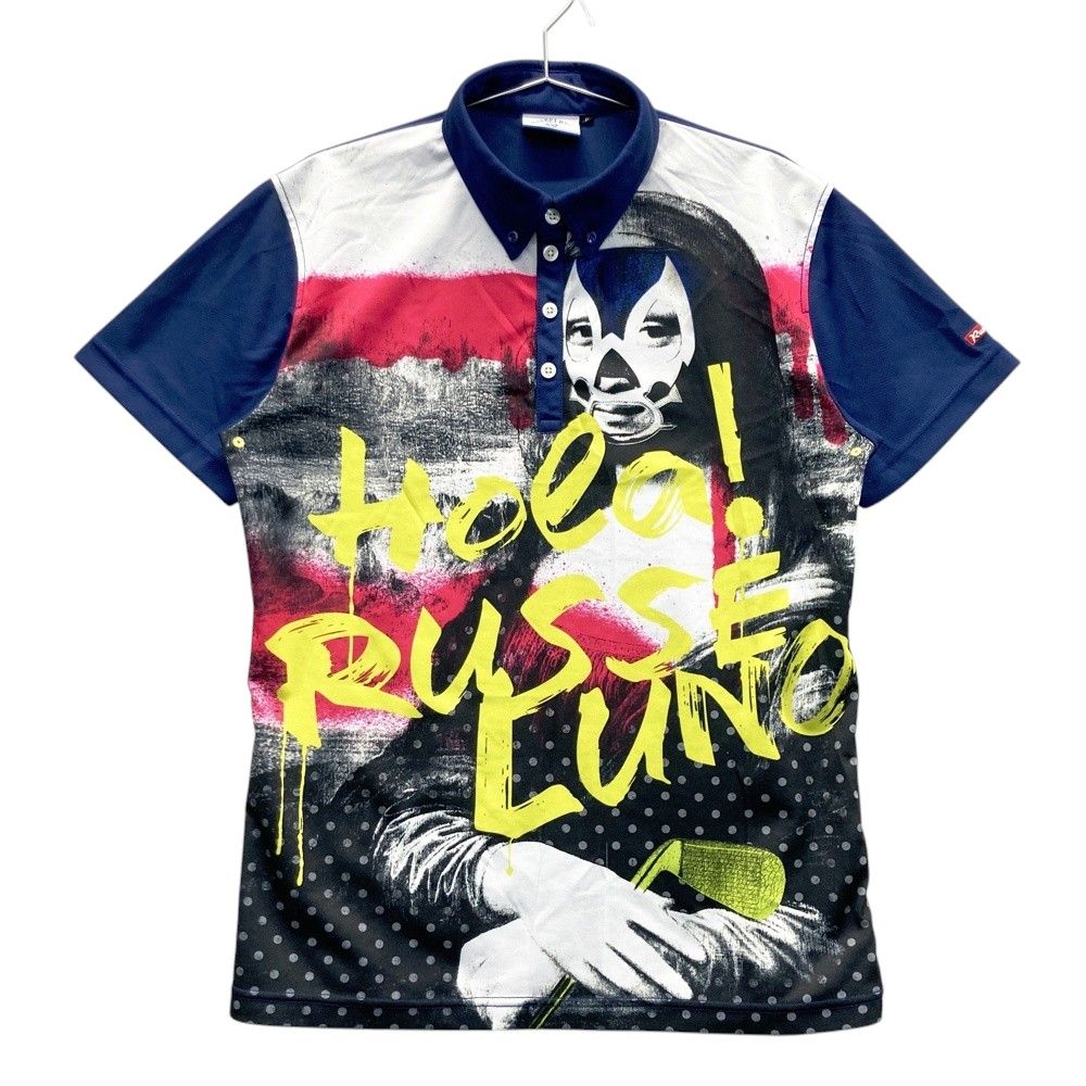 サイズ 5 RUSSELUNO ラッセルノ 半袖ポロシャツ ボタンダウン ルチャ マスクモナリザ 総柄 ネイビー系 240101446033 ゴルフウェア メンズ ストスト