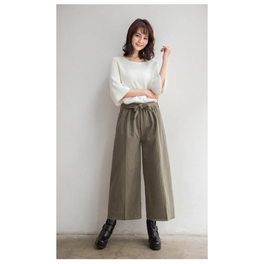ワイドパンツ ストライプ 9分丈 レディース ガウチョパンツ 秋