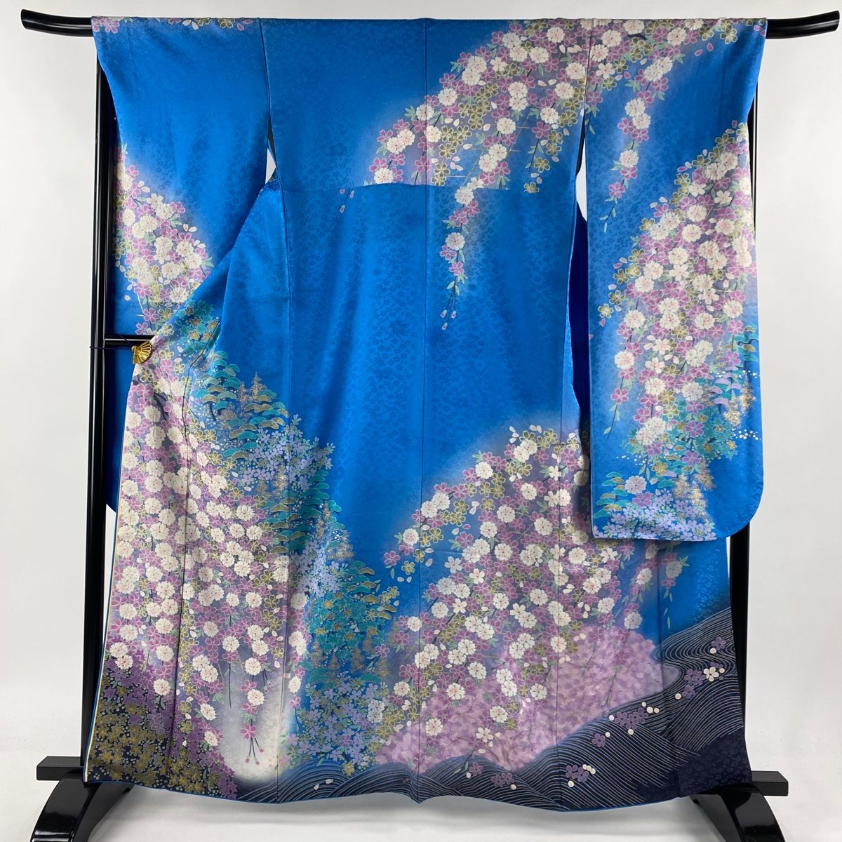振袖 身丈161.5cm 裄丈67cm M 袷 桂由美 落款 桜 松 金彩 銀通し 水色 正絹