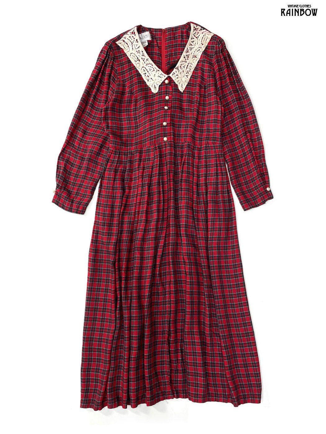 古着 PLAZA SOUTH レース チェック柄 ロング丈 長袖 ワンピース 赤 otu2508054