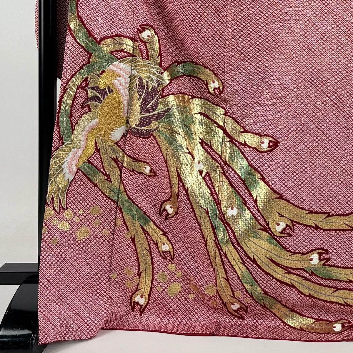 振袖 身丈172cm 裄丈68cm L 袷 鳳凰 箔散らし 刺繍 総絞り 赤 正絹 秀品