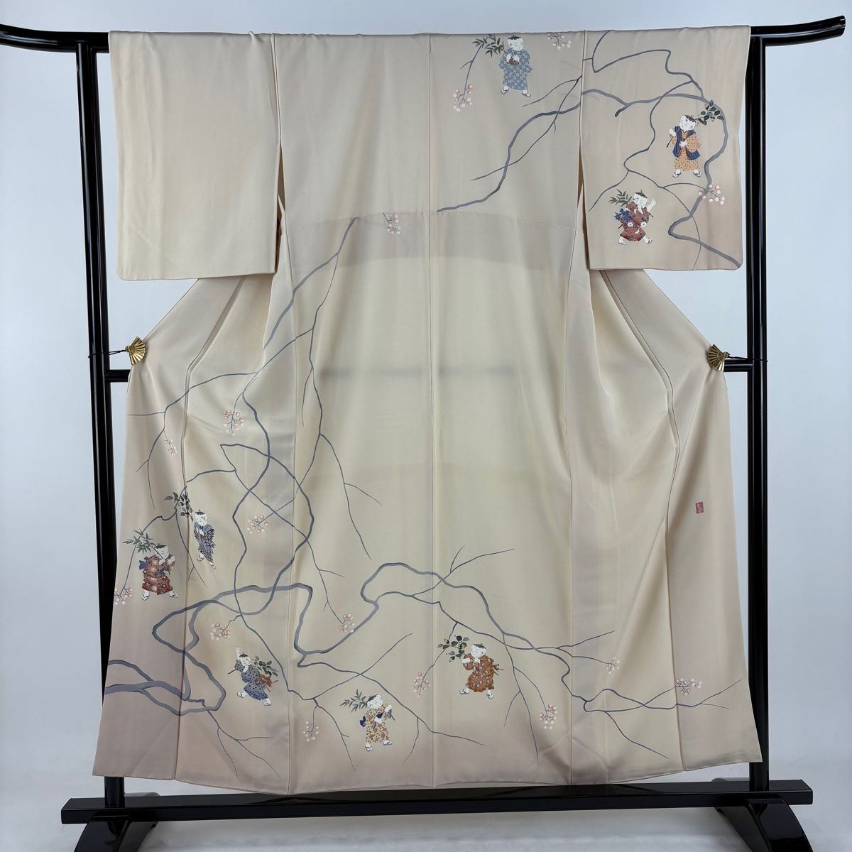 訪問着 身丈154cm 裄丈62.5cm S 袷 落款 童 枝実 裾ぼかし 薄オレンジ 正絹 秀品