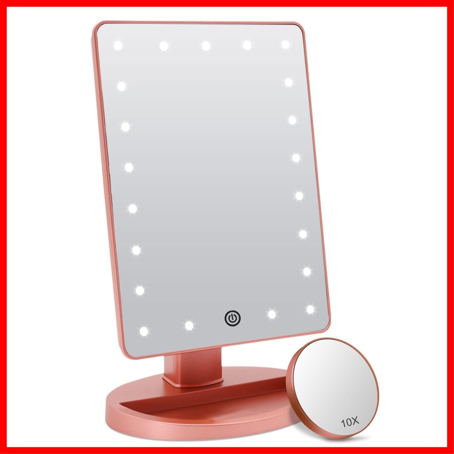 【特売】FASCINATE 21個LED 鏡 ライト付き 卓上 スタンドミラー 無段階調光 usb/乾電池給電 10倍拡大鏡 メイク用 明るい 角度180調整可能 人気 ピンク
