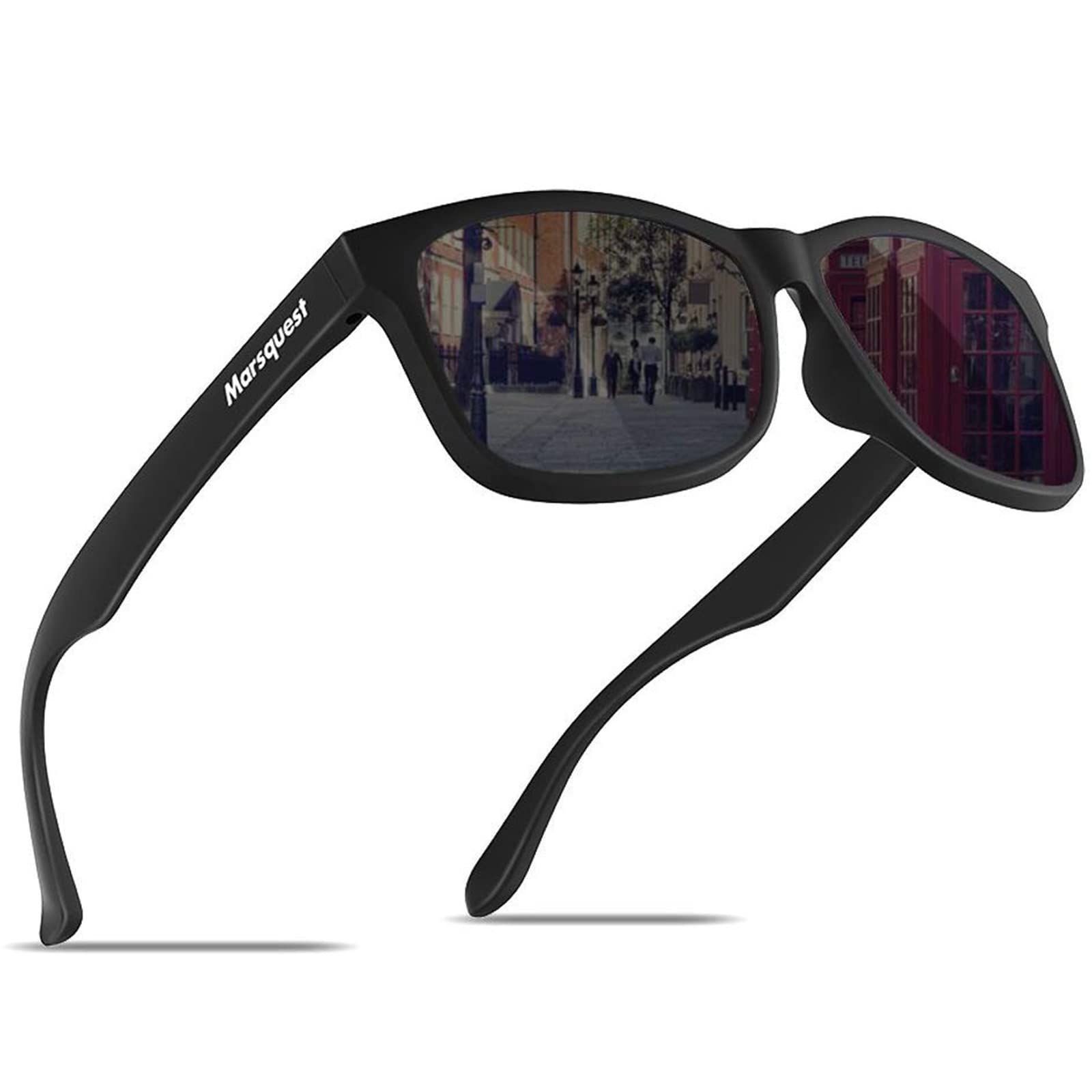 ブラックレンズ MARSQUEST サングラス 運転用 偏光サングラス 超軽量18g 抗衝撃 HD偏光レンズ UV400 紫外線カット サングラス メンズ ウェリントン型 レディース用 バイク用サングラス 収納袋付き