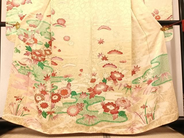 444 振袖フルセット 正絹 黒 白 橙 豪華総刺繍 金彩 駒刺繍 絞り 華やか 振袖 千總謹製 豪華 刺繍 金駒 金彩 ちりめん 古典 身丈150cm
