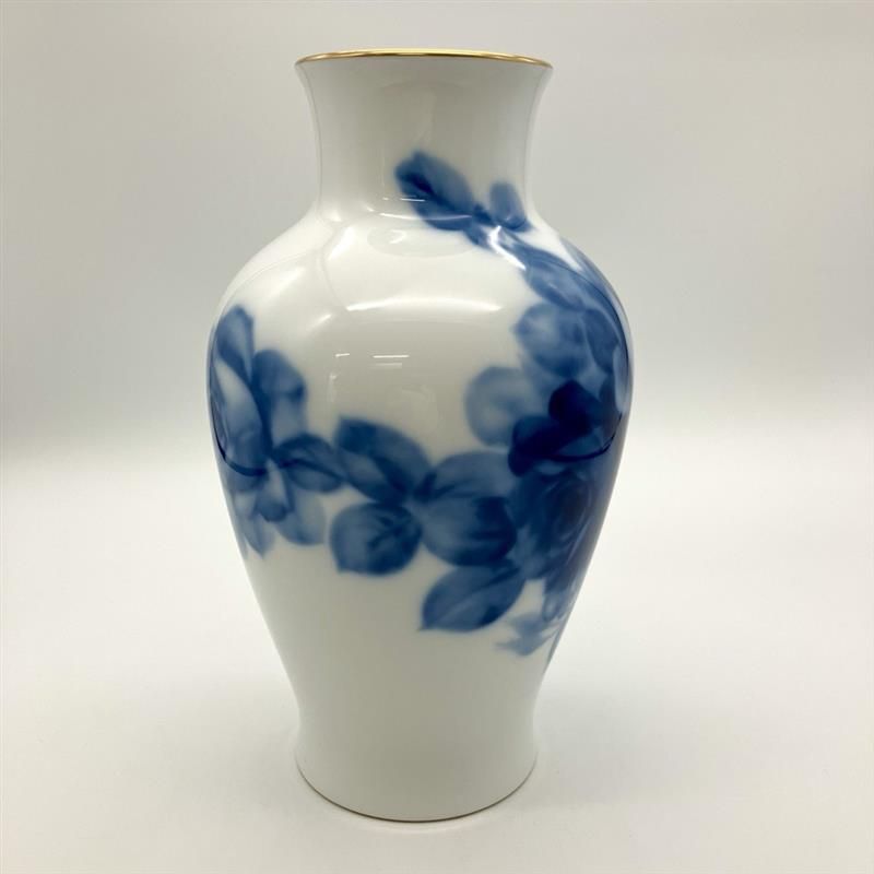 大倉陶園 オークラ ブルーローズ 花瓶 フラワーベース 磁器 ホワイト 28cm 壺 置物【中古】