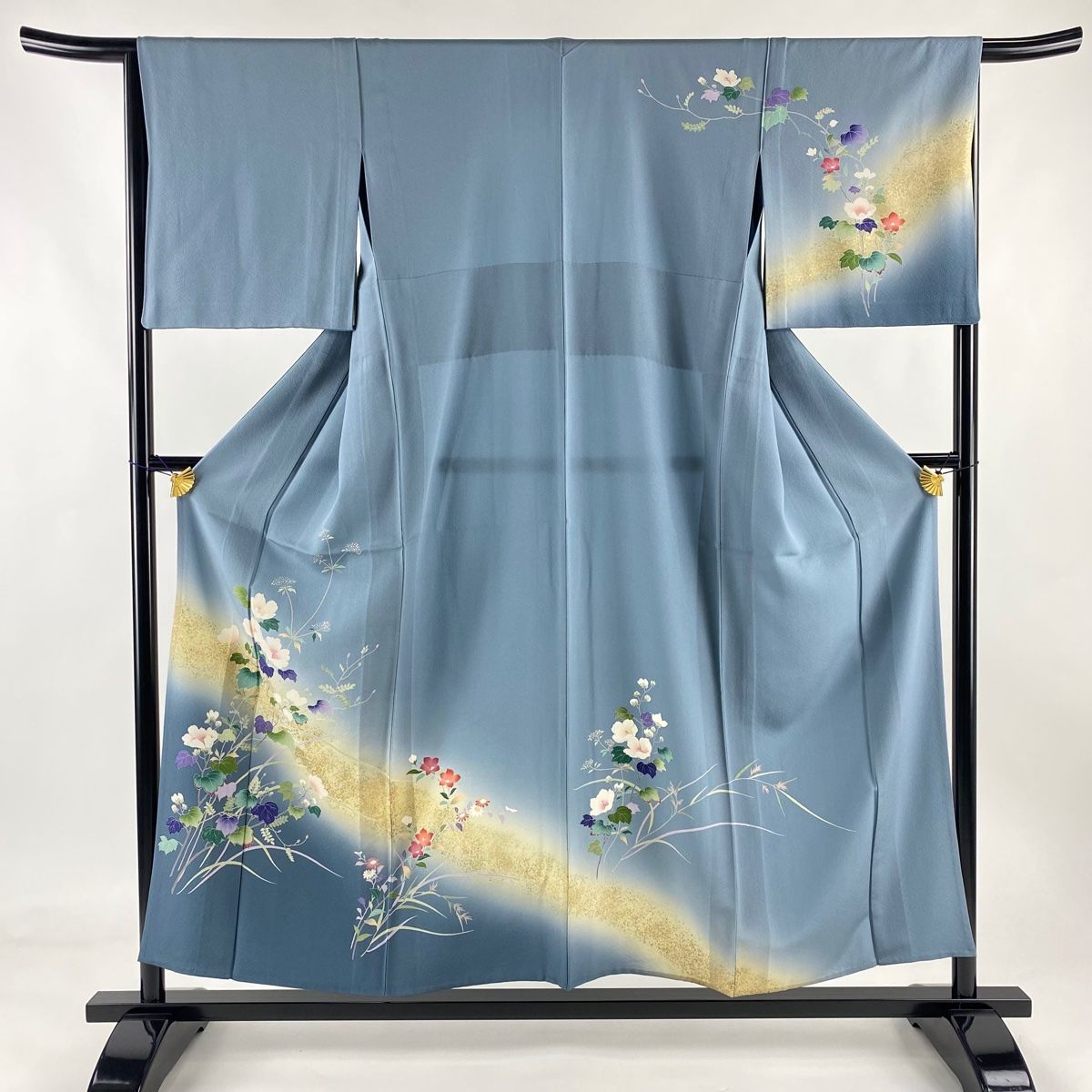 訪問着 身丈155cm 裄丈66.5cm M 単衣 草花 秋草 金彩 ぼかし 青灰色 正絹 秀品