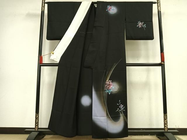 平和屋着物▽訪問着　単衣　草花文　暈し染め　黒地　金銀彩　正絹　逸品　AAAV8406fy 平和屋着物▽訪問着 単衣 草花文 暈し染め 黒地 金銀彩 正絹 逸品