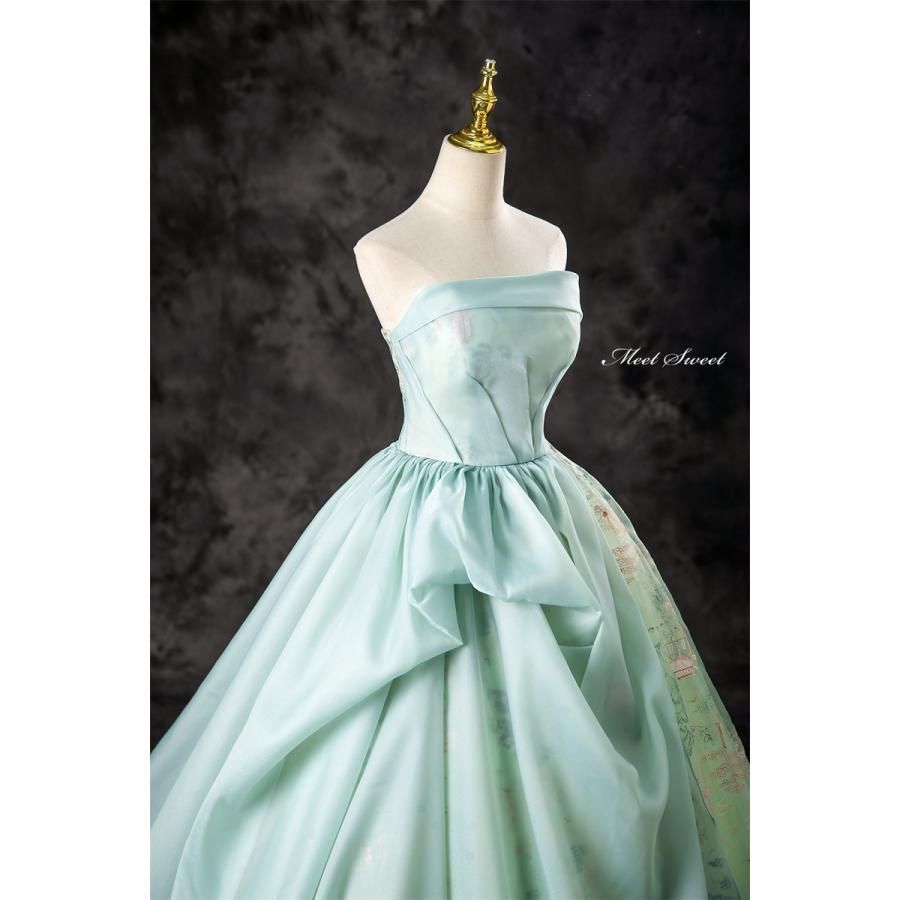 ドレス グリーン ベアトップ オーガンジー 刺繍 ウェディングドレス ロングドレス 結婚式 二次会 演奏会 発表会 ステージドレス ウエ MAAHADDERANG_COM