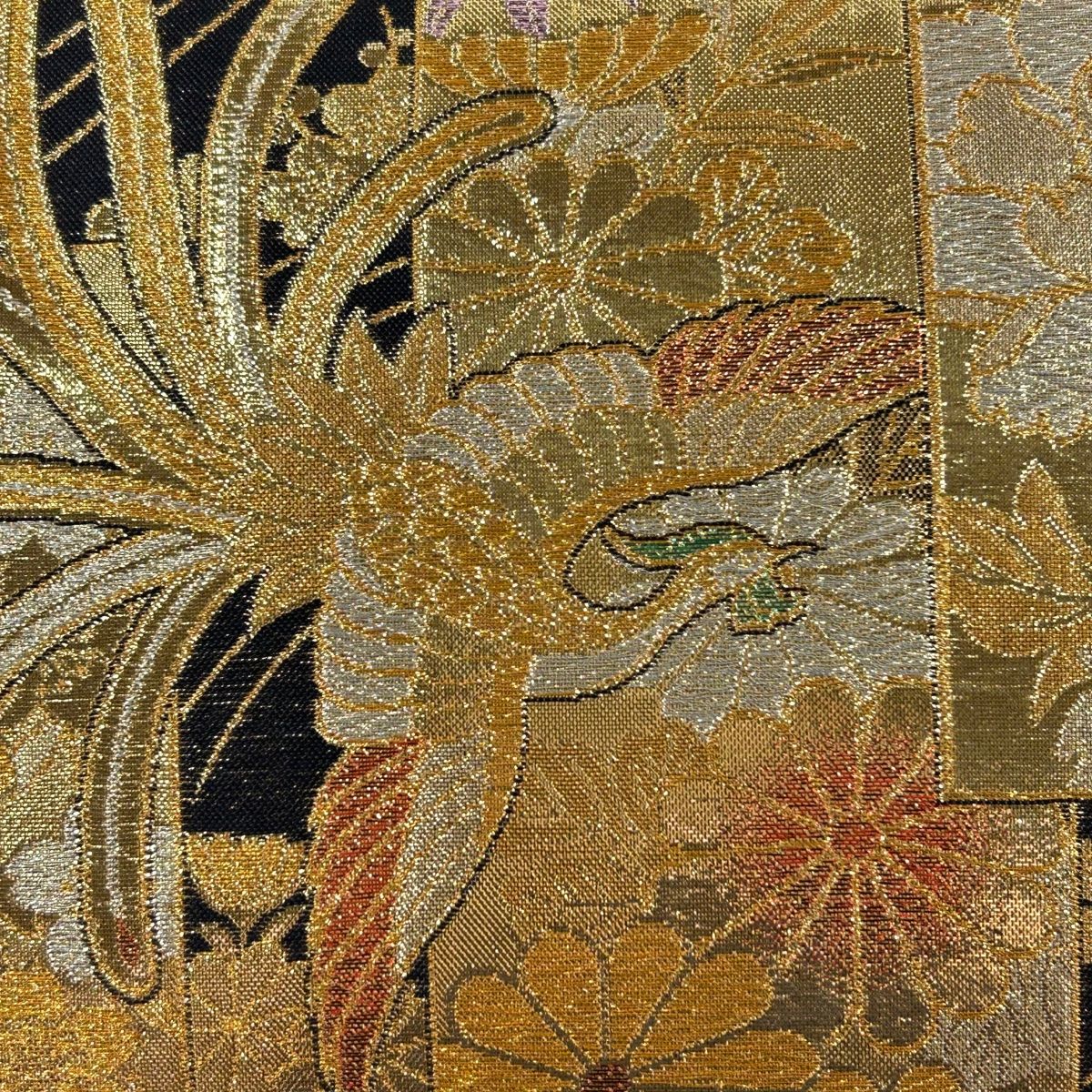 袋帯 美品 秀品 鳥 草花 金銀糸 箔 金色 六通 正絹 【中古