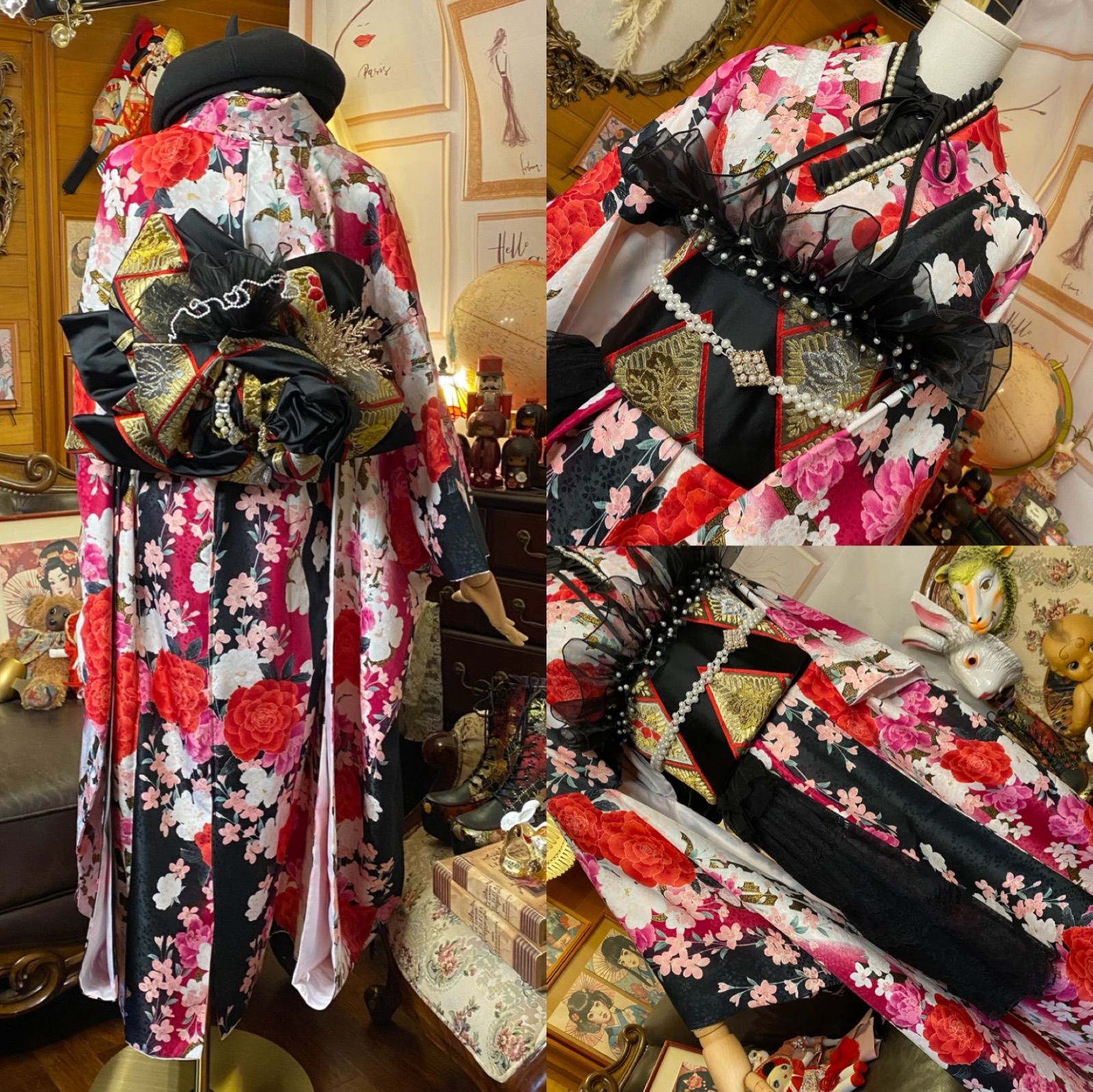 振袖 着物 ロング ワンピース ドレス 2部式バラ/ローズ作り帯 リメイク  