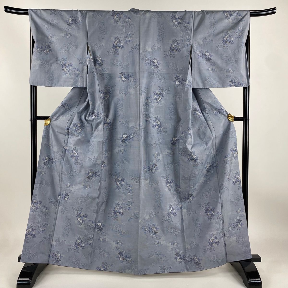 【紬】未使用品/袷/薄青紫×白/格子/花/美品/身丈167cm/裄丈67cm しつけ糸付】未使用 紬 袷 ロング丈裄長 観世水に草花 焦げ茶 丈