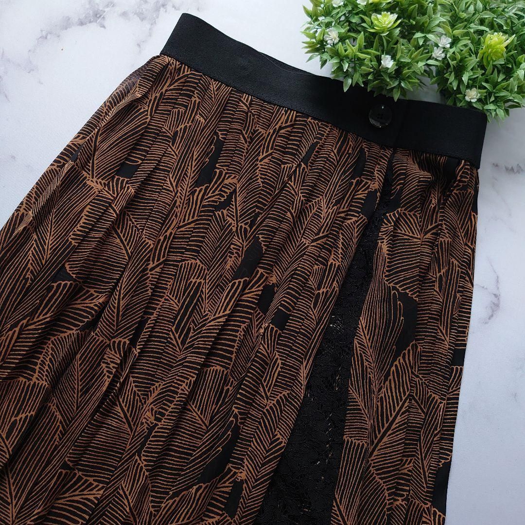 19AW 定価5.8万 ADORE アドーア レイヤードプリントスカート プリーツ リーフ柄 ボタニカル 植物 花柄 総柄 レース ウエストゴム ブラウン×ブラック 茶×黒 フ Aライン ロング マキシ丈 38 M ボトムス レディース