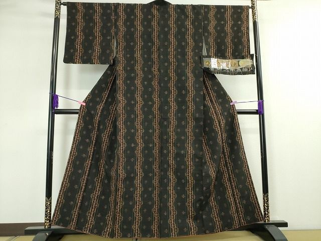 平和屋着物▽本場染大島紬 単衣 格子柄 正絹 逸品 BAAT9083yc