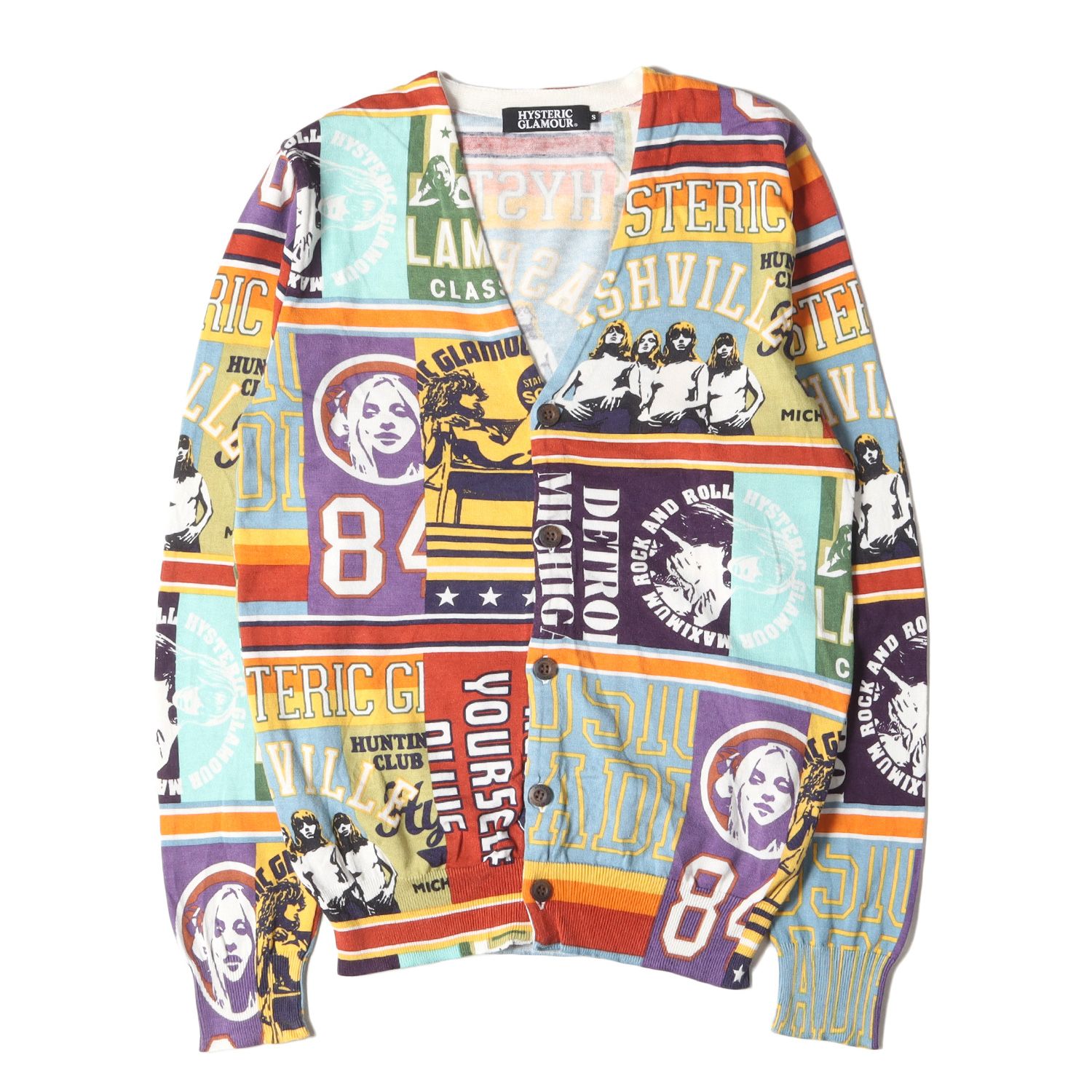 HYSTERIC GLAMOUR ヒステリックグラマー カーディガン サイズ:S ガールズ ウーマン カレッジ ロゴ パッチワーク プリント ハイゲージ コットン ニットカーディガン 総柄 Y2K マルチカラー 日本製 トップス セーター【メンズ】