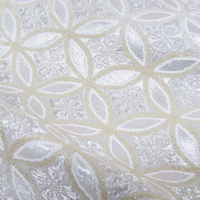袋帯 中古 リサイクル 正絹 六通 花七宝模様 箔糸 多色 銀 A1193
