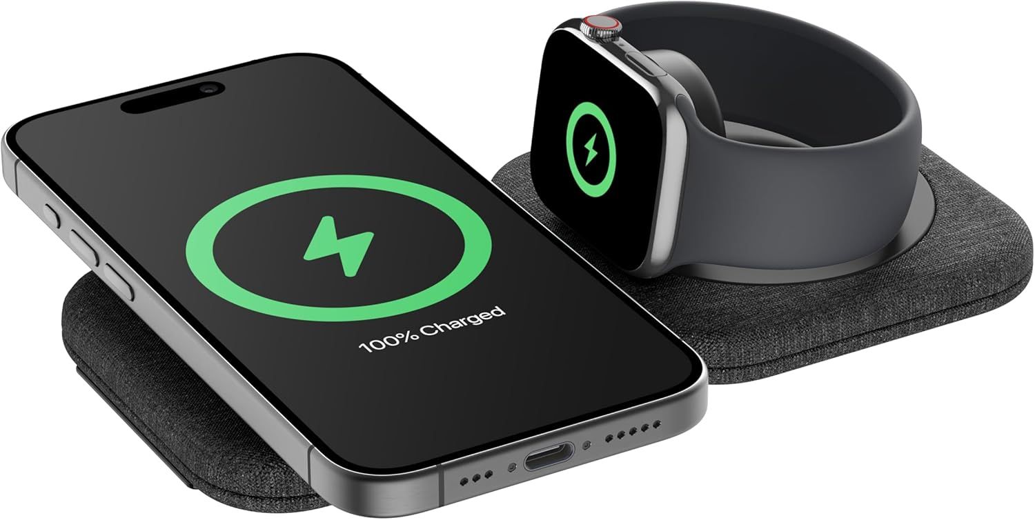Belkin [Apple公認] 2-in-1 Qi2ワイヤレス充電ポータブルパッドQi2公式認証/MagSafe対応 iPhone 16/15/14/13/12/Qi2対応スマートフォン(最大15W高速充電) Apple Watch