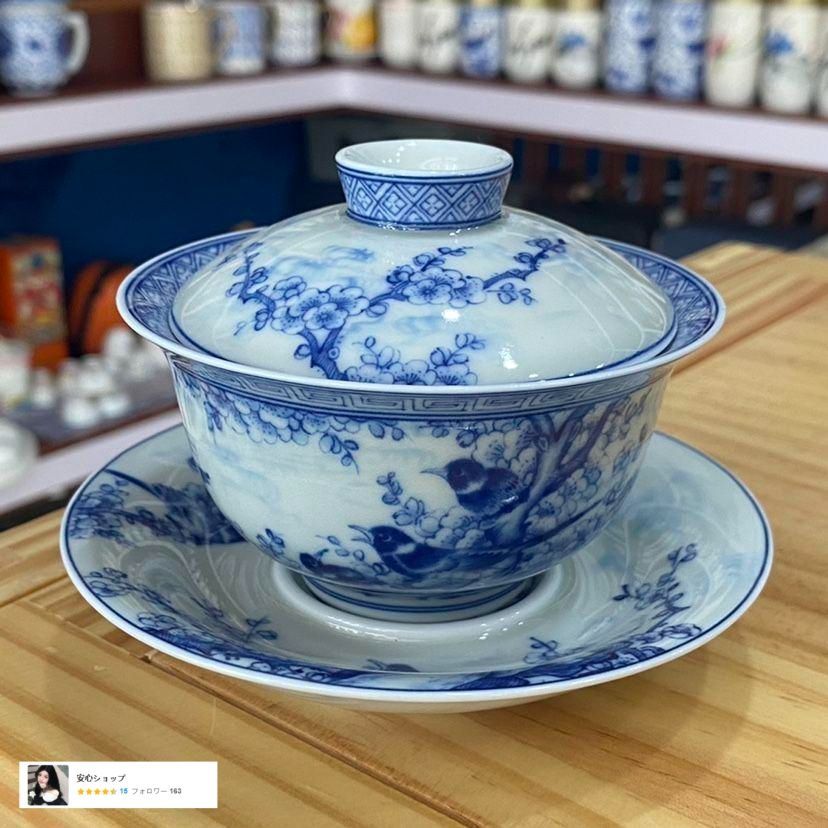 中国茶器 景徳鎮 陶磁器 青花喜上眉梢三才蓋碗 茶碗 煎茶器 新品