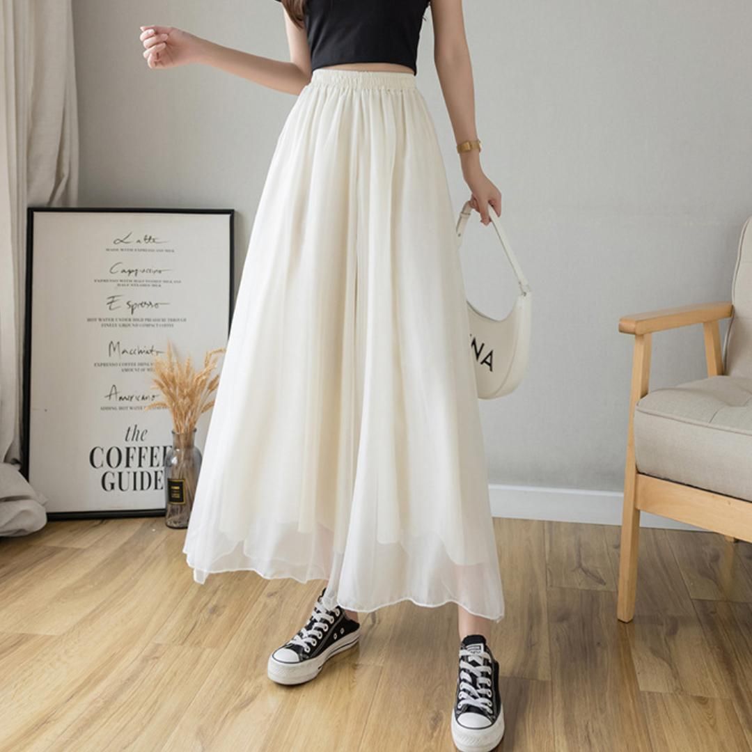 シースルーガウチョパンツ 白 シフォン ワイド 袴 透け感 フレア  