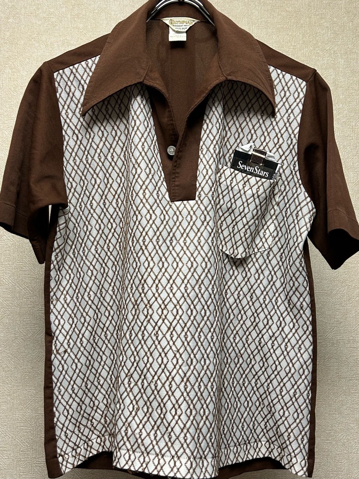 70年代U.S.A.製OLYMPIAN一ツボタンオープンカラーサイコビリーシャツ  