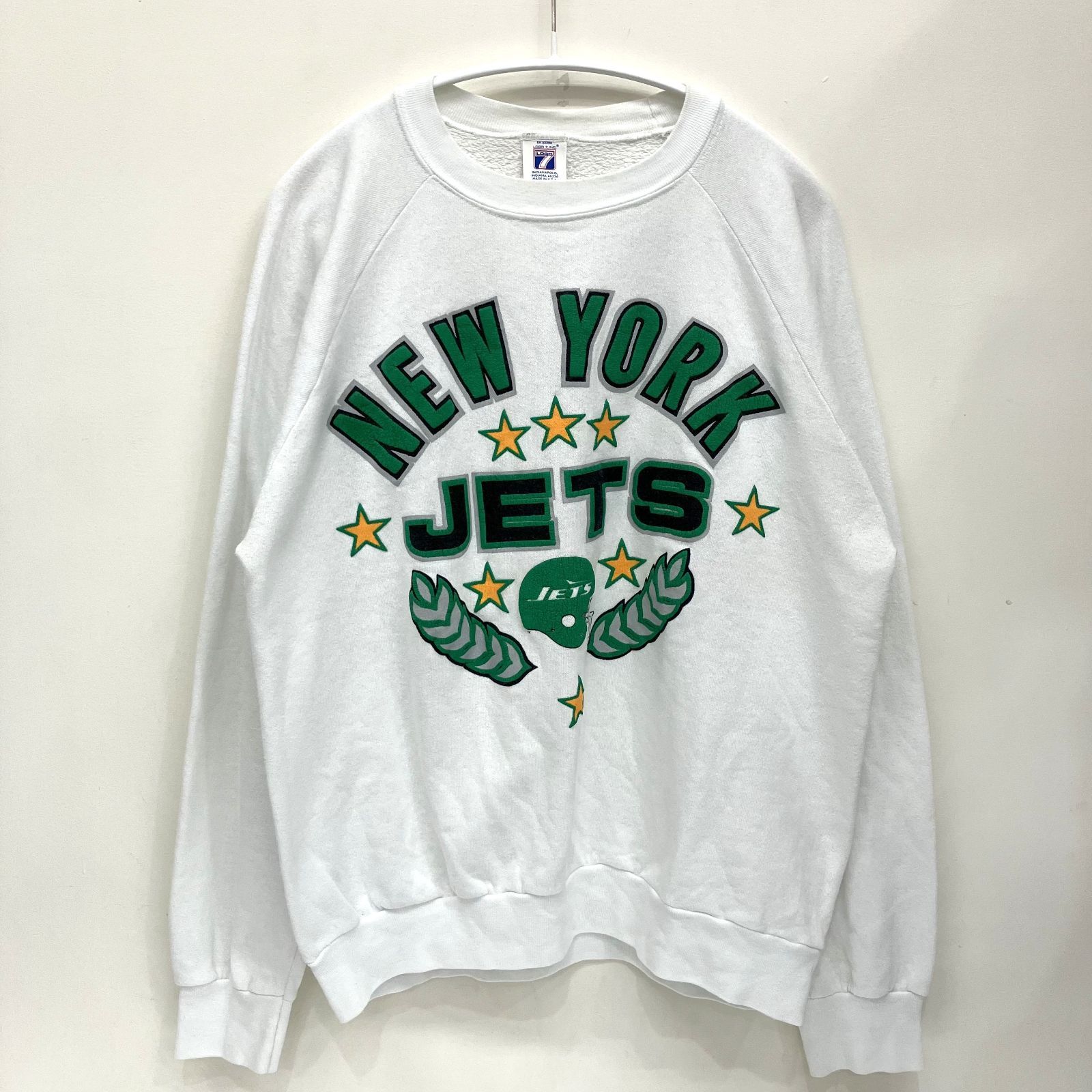 80s NEWYORK JETS ニューヨーク・ジェッツ 古着 スウェット トレーナー LOGO7 XLサイズ USA製 ラグラン 発砲プリント フットボール