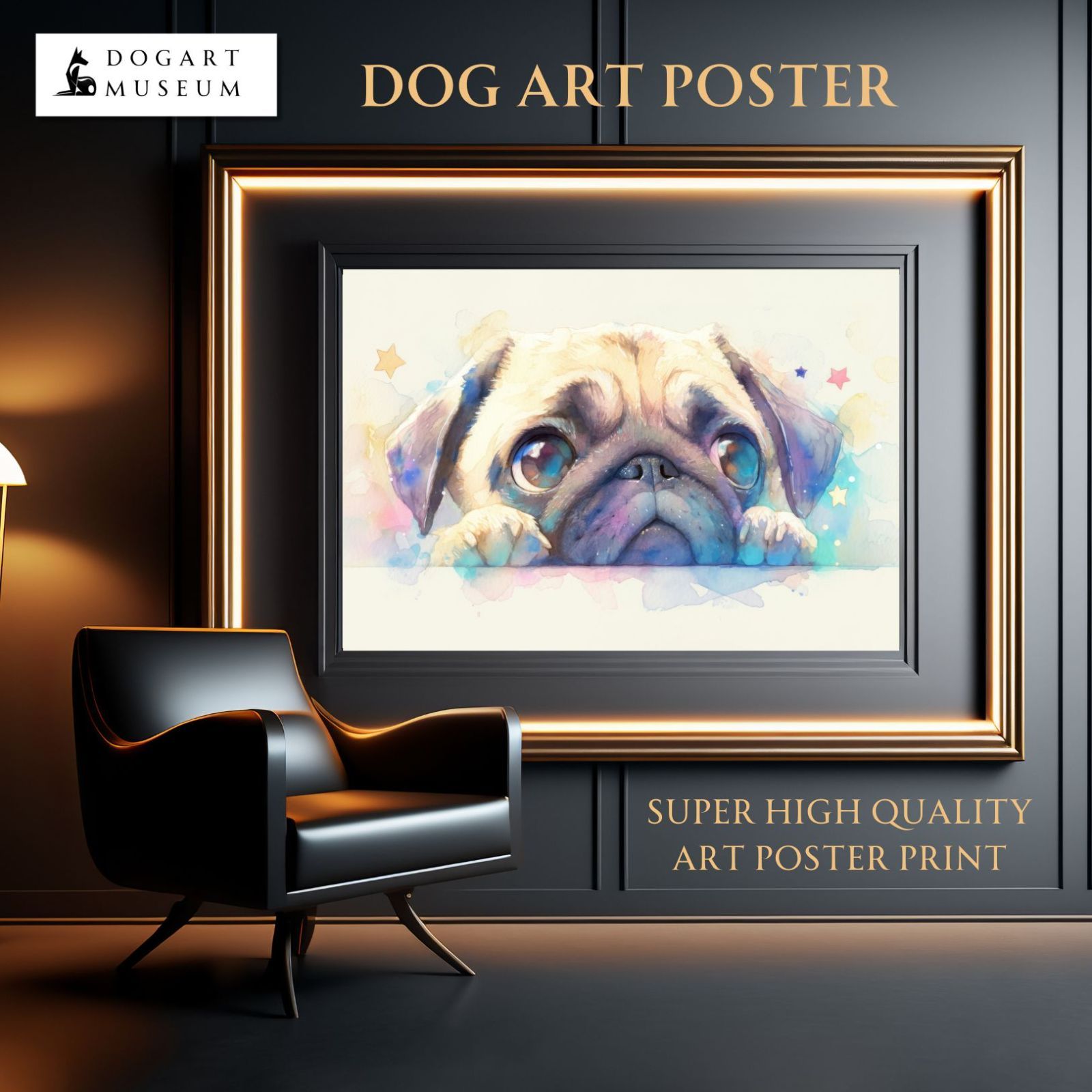 【The Starry Dog（星降る犬） - パグの子犬 No.3】ジークレー版画＊名入れOK！星・スター・かわいい・子犬・アートポスター・犬の絵・犬の絵画・犬のイラスト