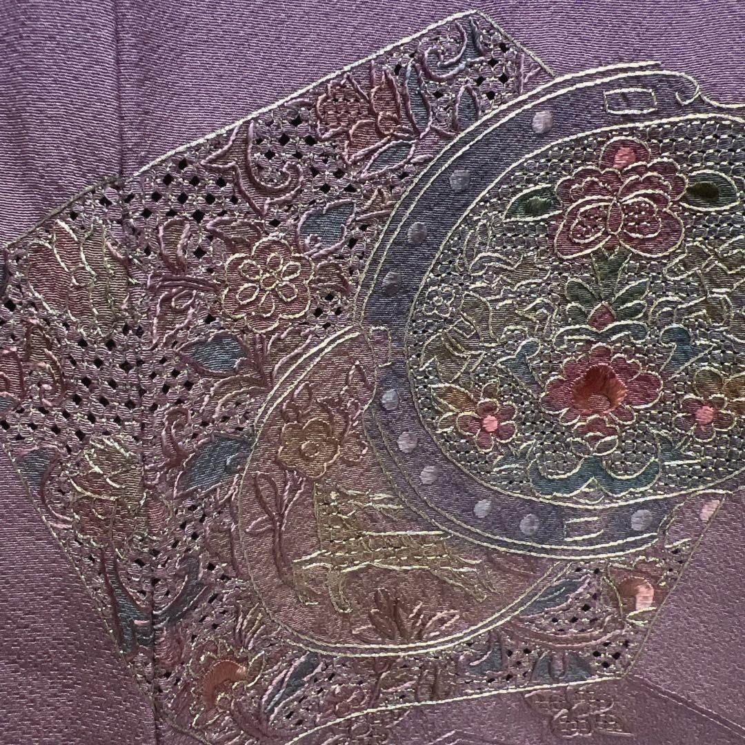 訪問着 スワトウ刺繍 花紋 動物 唐草花 パープル 着物 021a d