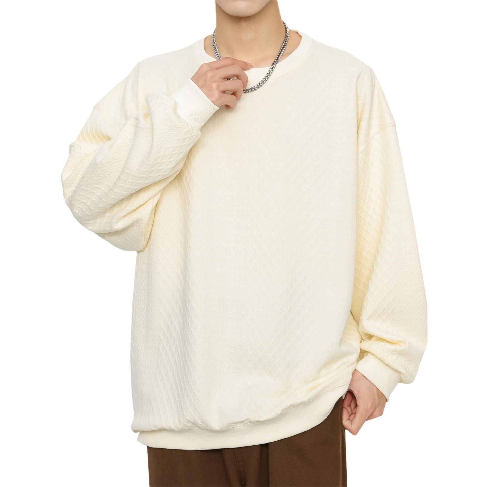 XL_#186：イエローベージュ [Easykode] トレーナー メンズ 秋服 オシャレ プルオーバーパーカー 上品 ふくれジャガード 大きいサイズ 服 無地 トップス ドライ ストレッチ 長袖tシャツ ゆったり スエット 男女兼用 秋 冬 春 yellow