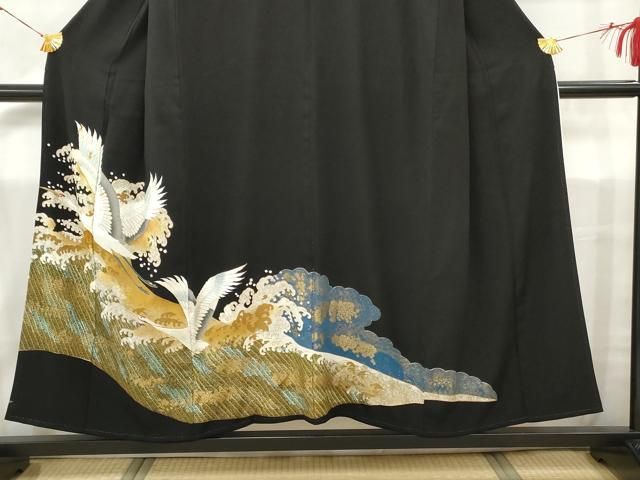 ◆豪華■正絹総絞り■吉祥飛鶴文■黒地■金彩加■振袖一式 粋古典 黒/黒ベース 吉祥文様 大人っぽい 渋い かっこいい