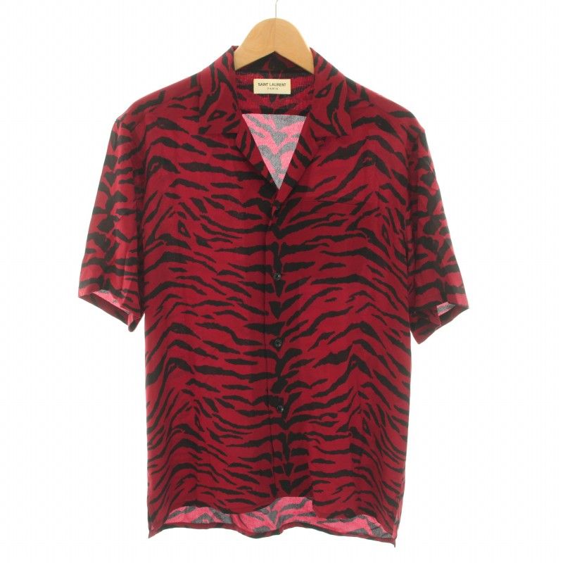 サンローラン パリ SAINT LAURENT PARIS 19AW ゼブラシルクバケーションシャツ Zebra Silk Vacation Shirt オープンカラー 半袖 ゼブラ柄 しまうま柄 絹 シルク 37 XS 赤 レッド 黒 ブラック /YT