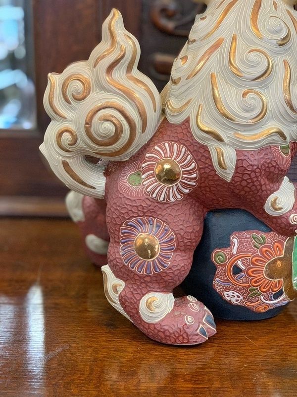 九谷焼 玉獅子 玉乗り獅子 30cm 赤獅子 厄除け 招福 縁起物 朱色 金彩