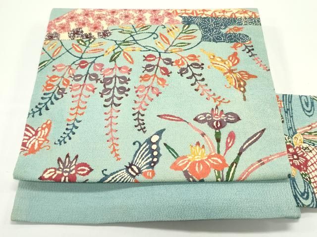 平和屋着物○九寸名古屋帯 型染め 籬花蝶文 鬼しぼ