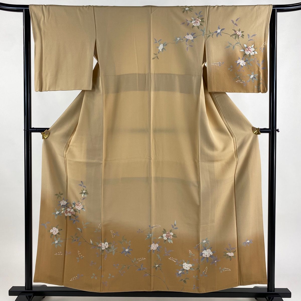 訪問着 身丈156cm 裄丈63.5cm S 袷 草花 刺繍 ぼかし 薄茶色 正絹 秀品