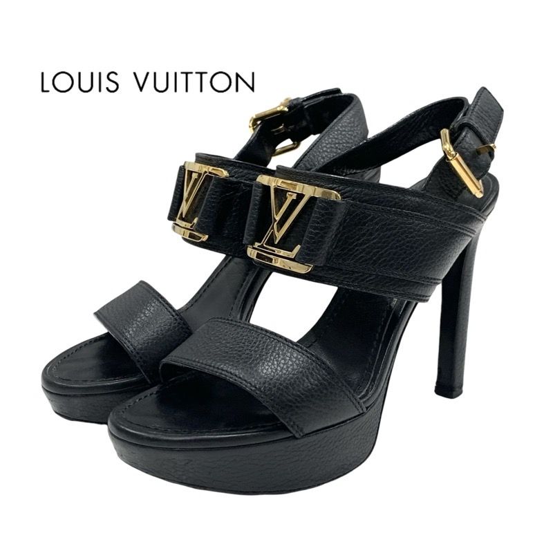 ルイヴィトン LOUIS VUITTON ホライズンライン サンダル 靴 シューズ レザー ブラック 黒 ゴールド LV金具
