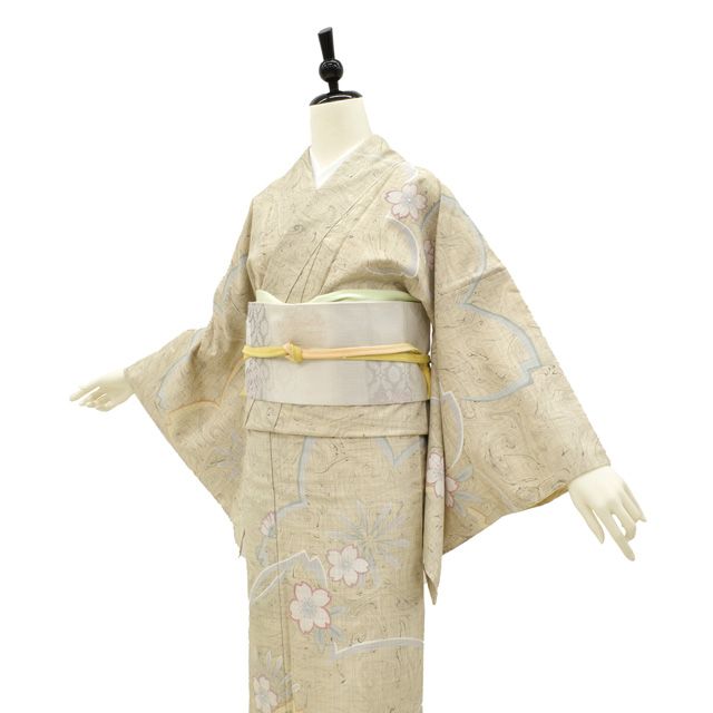 新古品】 御召 袷 着物 お召 未使用 先染め 織り柄 正絹 グレージュ 多