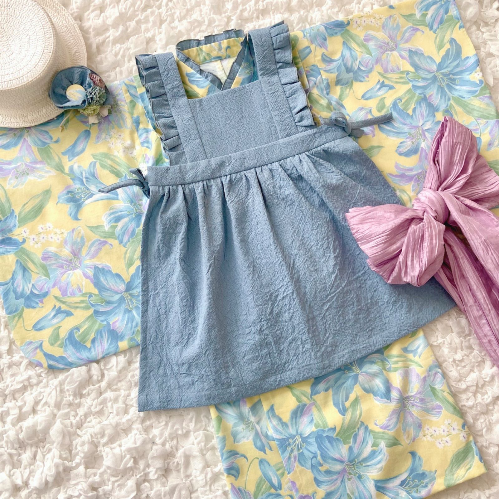 1点限り】3歳 七五三 着物＆被布エプロンセット 黄色系 ハンドメイド  