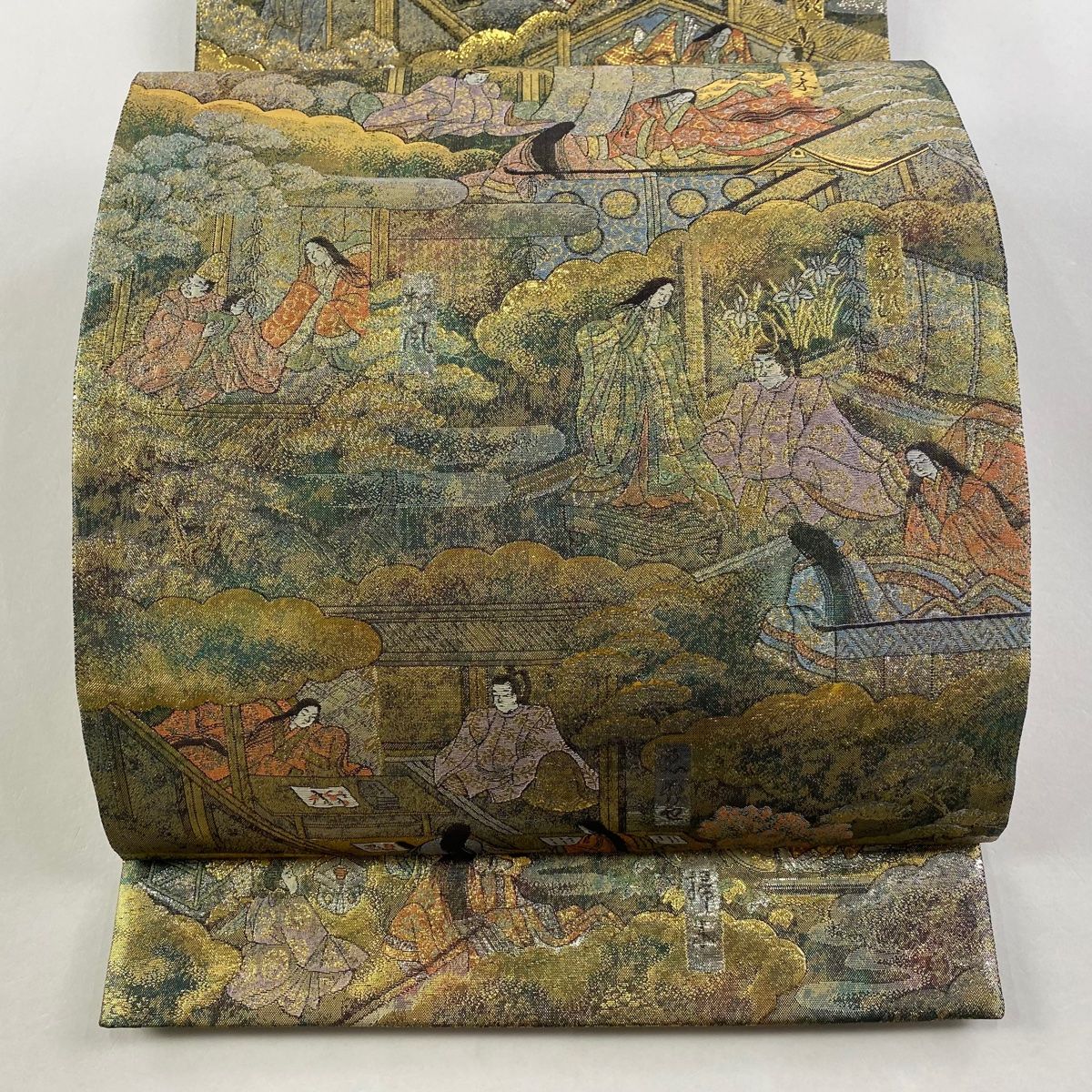 袋帯 名品 源氏物語絵巻 24金プラチナ箔 茶緑色 全通 正絹